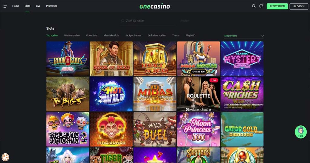 screenshot van one casino spellen pagina