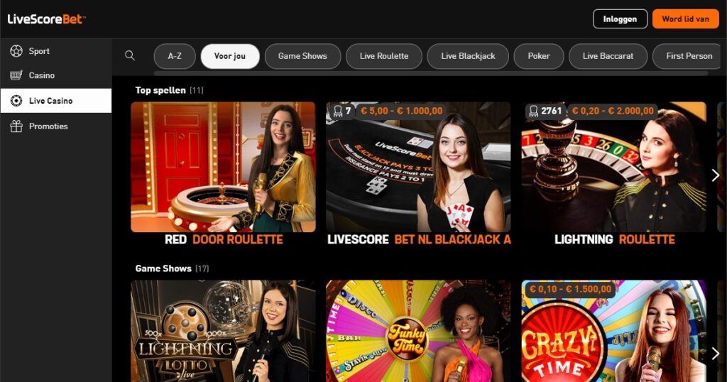 live casino pagina van livescore bet